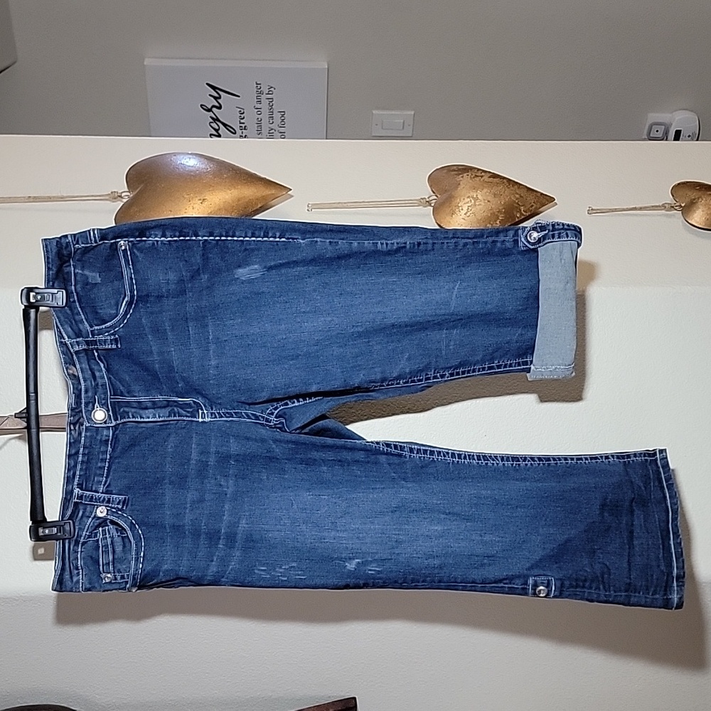 SEVEN 7 Plus Size Cropped Distressed Jeans w/Rhinestone Details Blue sz 22